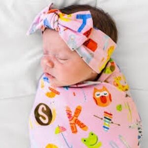 NWT Little Sleepies Pink Alphabet Swaddle & Bow Bamboo Viscose Baby Set